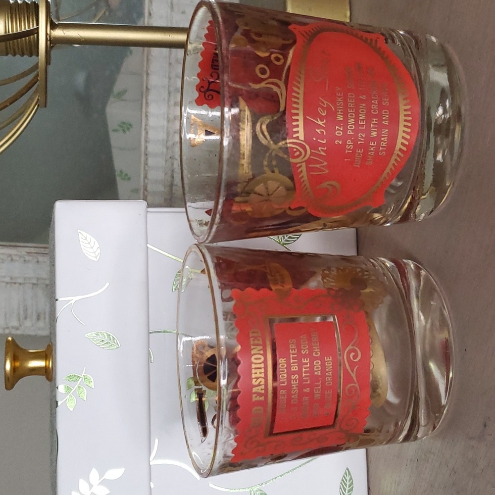 Rare mid century modern Jeanette  Cocktail Recipe set of 2 short Glasses